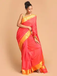 Indethnic Red & Gold-Toned Silk Cotton Maheshwari Saree