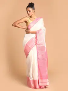 Indethnic White & Pink Zari Silk Cotton Maheshwari Saree