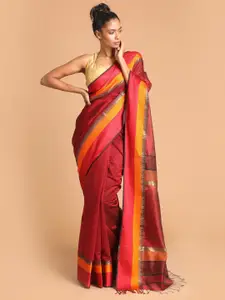 Indethnic Maroon & Yellow Zari Silk Cotton Maheshwari Saree