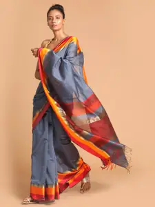 Indethnic Grey & Yellow Woven Design Zari Silk Cotton Maheshwari Saree