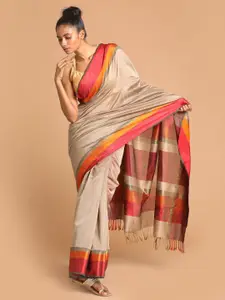 Indethnic Beige & Red Zari Silk Cotton Maheshwari Saree