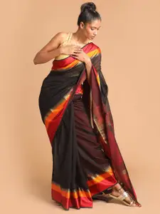 Indethnic Black & Red Silk Cotton Maheshwari Saree