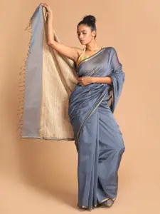 Indethnic Grey & Beige Zari Silk Cotton Maheshwari Saree