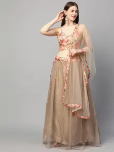 RedRound Beige & Red Embroidered Semi-Stitched Lehenga & Unstitched Blouse With Dupatta