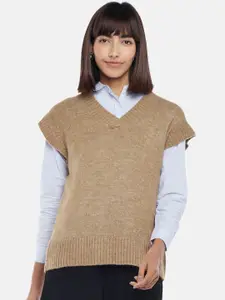 Annabelle by Pantaloons Women Brown Sweater Vest