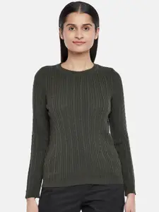 Honey by Pantaloons Women Olive Green Cotton Cable Knit Pullover