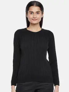 Honey by Pantaloons Women Black Cable Knit Striped Pullover