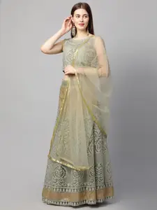 RedRound Green & Gold-Toned Embroidered Thread Work Semi-Stitched Lehenga & Unstitched Blouse With Dupatta