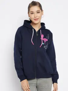 FirstKrush Women Navy Blue Printed Hooded Sweatshirt