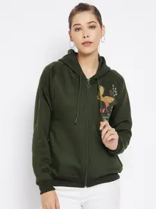 FirstKrush Women Olive Green Embroidered Detail Hooded Sweatshirt