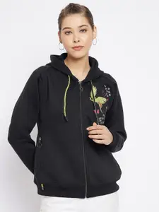 FirstKrush Women Black Printed Hooded Sweatshirt