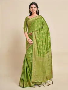 MIMOSA Olive Green & Gold-Toned Floral Zari Art Silk Kanjeevaram Saree