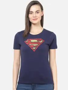 Free Authority Women Navy Blue Superman Printed Raw Edge T-shirt