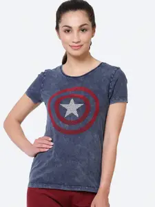 Free Authority Women Blue Captain America Printed Cut Outs T-shirt