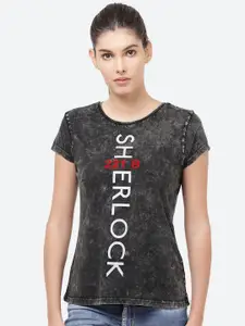 Free Authority Sherlock Featured Women Black Printed T-shirt