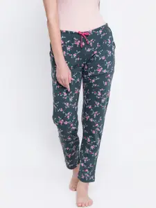 Kanvin Women Olive Green & Pink Printed Pure Cotton Lounge Pants