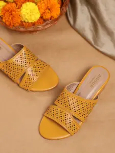 Anouk Mustard Yellow Laser Cuts Block Sandals