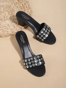 Anouk Black & Gunmetal-Toned Embellished Block Heels