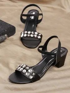 Anouk Black & Silver-Toned Embellished Block Heels