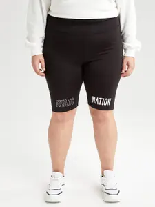 DeFacto  Plus Size Women Black High Waist Slim Fit Printed Biker Shorts