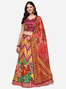Mitera Peach & Maroon Printed Semi-Stitched Lehenga & Unstitched Blouse With Dupatta