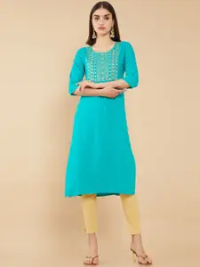 Soch Women Teal Yoke Design Thread Work Kurta