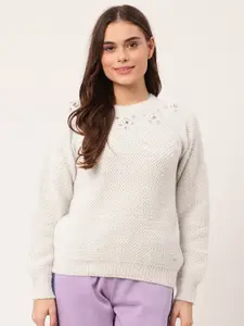 ELLE Women Grey Embroidered Pure Cotton Pullover