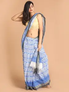 Indethnic Blue & White Ethnic Motifs Pure Cotton Block Print Saree