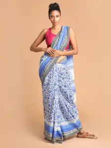 Indethnic Blue & White Floral Printed Pure Cotton Block Print Saree
