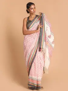 Indethnic Coral & White Floral Printed Pure Cotton Saree