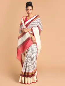 Indethnic White & Maroon Ethnic Motifs Zari Block Print Saree