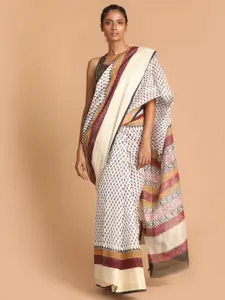 Indethnic White & Brown Ethnic Motifs Block Print Saree