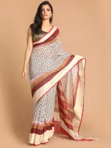 Indethnic Maroon & White Floral Block Printed Saree