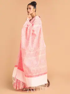 Indethnic Coral & White Ethnic Motifs Saree