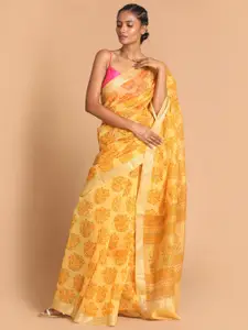 Indethnic Yellow & Green Ethnic Motifs Zari Saree