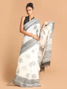 Indethnic Black & White Ethnic Motifs Pure Cotton Block Print Saree