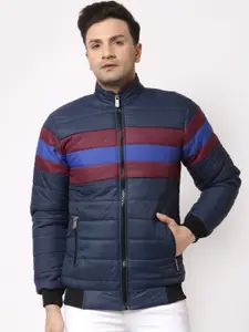 KLOTTHE Men Navy Blue & Maroon Striped Water Resistant Padded Jacket