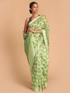 Indethnic Green & Yellow Ethnic Motifs Zari Saree