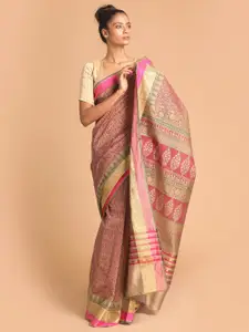 Indethnic Magenta & Gold-Toned Ethnic Motifs Zari Saree