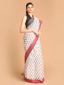 Indethnic Maroon & White Ethnic Motifs Block Print Saree