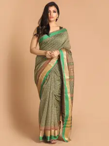 Indethnic Green & Beige Ethnic Motifs Zari Saree
