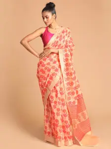 Indethnic Coral & Gold Ethnic Motifs Zari Saree
