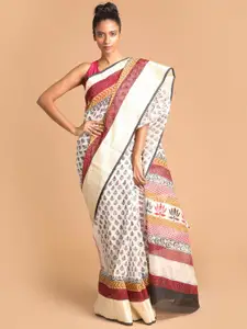 Indethnic Black & Brown Block Print Saree