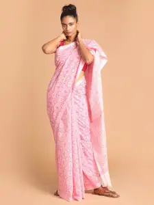 Indethnic Lavender & White Ethnic Motifs Printed Saree
