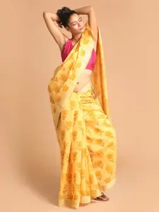 Indethnic Yellow & Gold-Toned Ethnic Motifs Printed Zari Border Saree