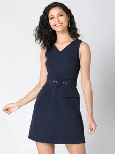 FabAlley Navy Blue Solid Sheath Dress With Belt