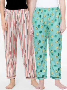 FashionRack Women Green & Multicolored Pack of 2 Cotton Printed Lounge Pants