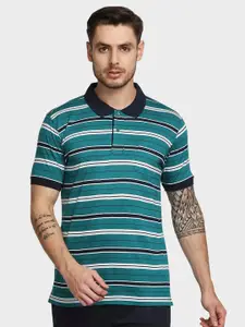 ColorPlus Men Green Striped Polo Collar Pockets T-shirt