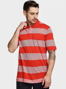 ColorPlus Men Red & Coral Striped Polo Collar Cotton T-shirt