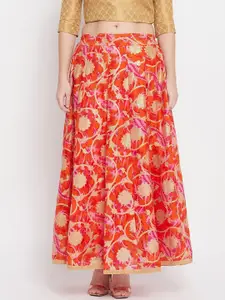 Clora Creation Women Orange & Pink Floral Printed Flared Maxi Skirt